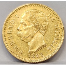 ITALY 1882 R . TWENTY 20 LIRA . GOLD COIN